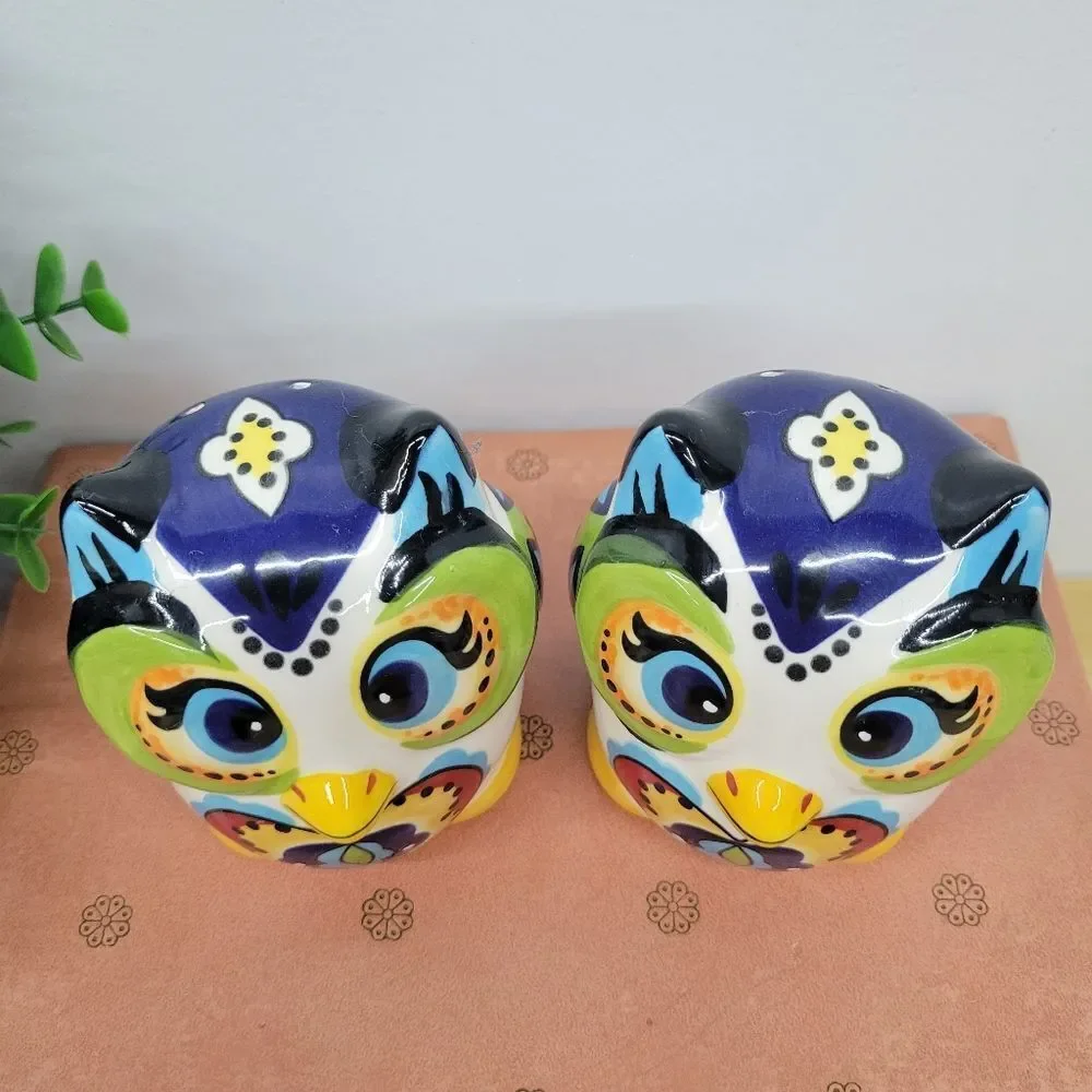 Colorful Ceramic Owl Salt & Pepper Shakers – Folk Art Style 🦉 - Picture 2 of 11